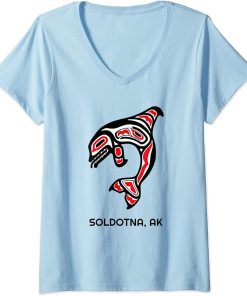 Womens Soldotna Alaska Native American Indian Orca Killer Whale Art V-Neck T-Shirt