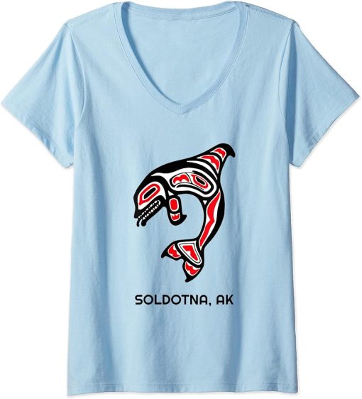 Womens Soldotna Alaska Native American Indian Orca Killer Whale Art V-Neck T-Shirt