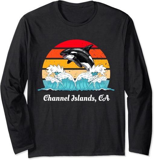 Vintage Channel-Islands CA Distressed Orca Killer Whale Art Long Sleeve T-Shirt