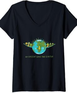 Womens Go Green Save The Earth Green Earth With Tree Earth Day 2023 V-Neck T-Shirt