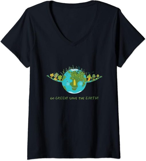 Womens Go Green Save The Earth Green Earth With Tree Earth Day 2023 V-Neck T-Shirt