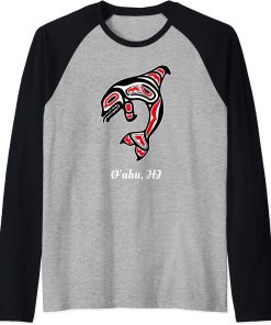 Native O"ahu Hawaii Red Orca Killer Whale Raglan Baseball Tee