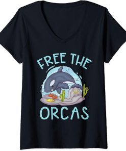 Womens Free the Orcas Whale V-Neck T-Shirt