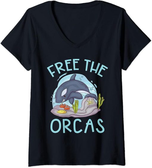 Womens Free the Orcas Whale V-Neck T-Shirt