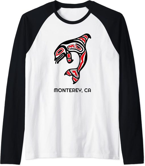 Monterey, California Native American Orca Killer Whales Gift Raglan Baseball Tee